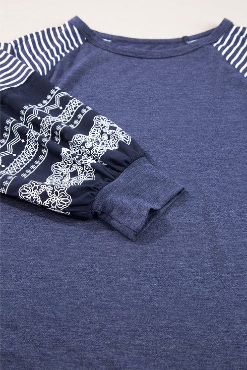 Contrast Print Striped Raglan Crew Neck Loose Long Sleeve Top